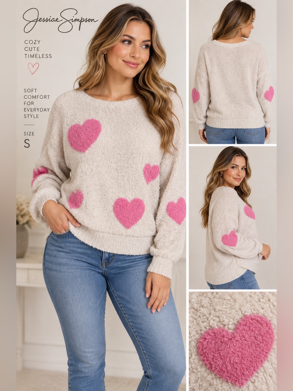 Jessica Simpson Cream Pink Heart Cozy Fuzzy Sweater Small